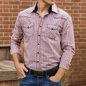 Cowboy Up Shirt Mens Large Red Plaid Pearl Snap Western Cowboy Rodeo Long Sleeve